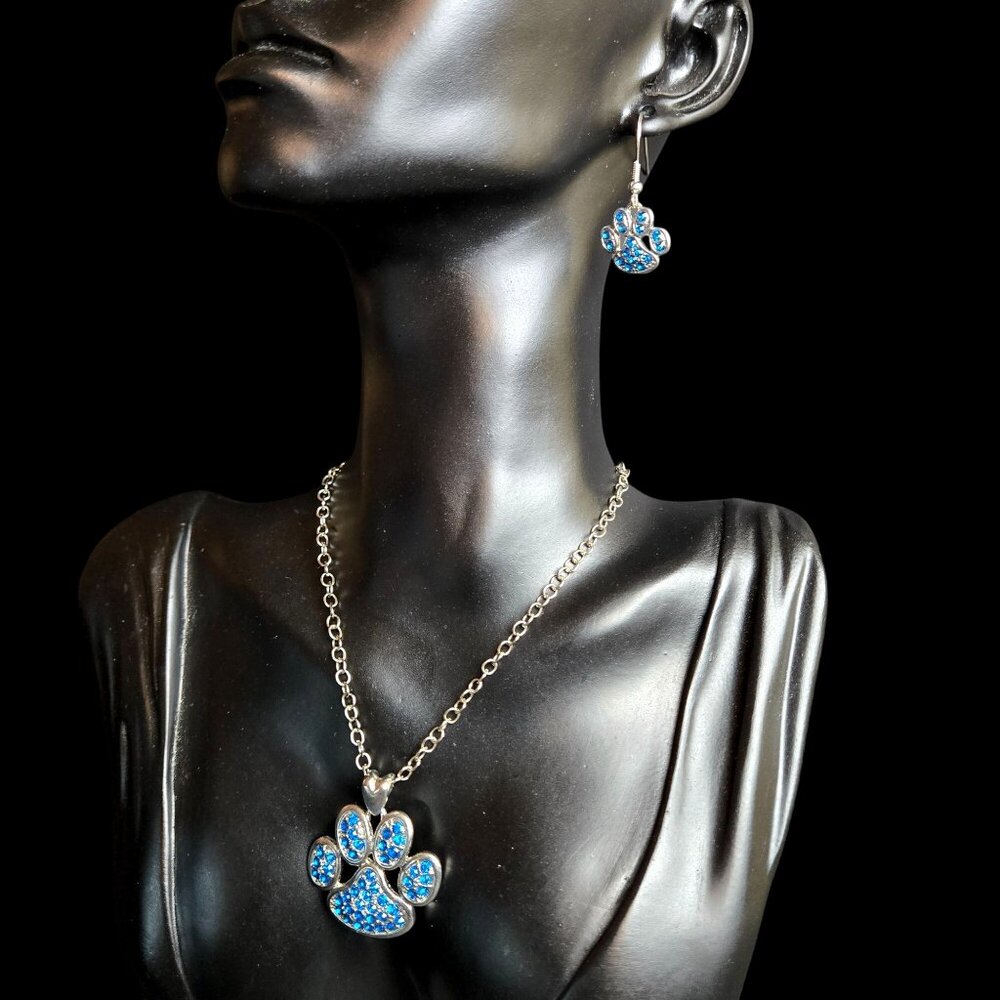 Blue Rhinestone Paw Pendant Necklace & Earrings Set Silver Tone Fashion Jewelry
